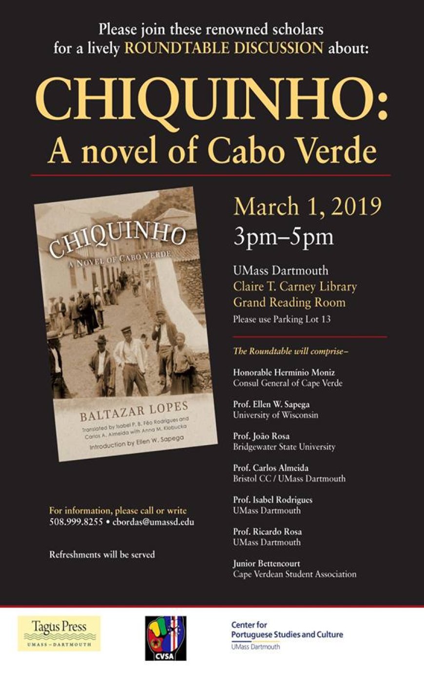 A distinguished roundtable panel to discuss Chiquinho: A Novel of Cabo Verde, 